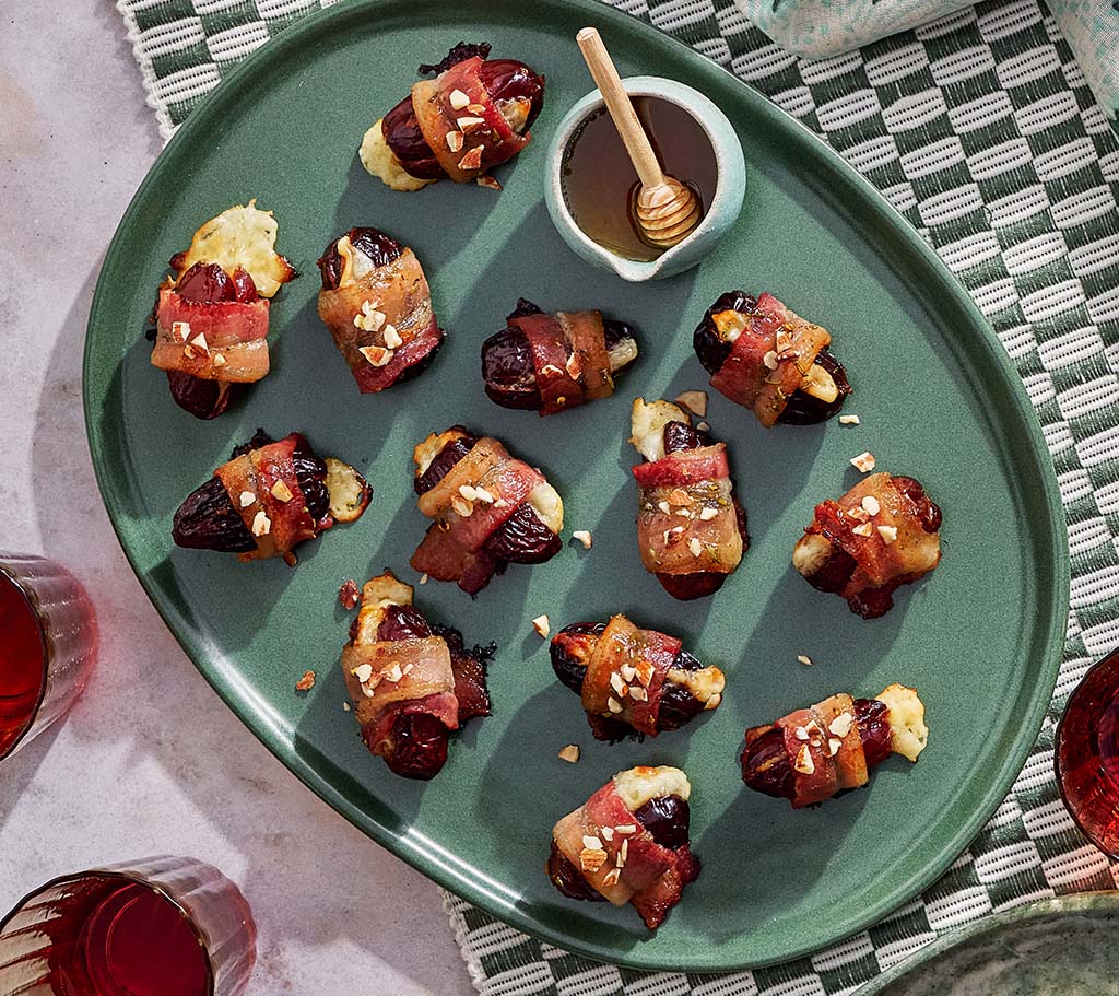 Candied Bacon Wrapped Stuffed Dates