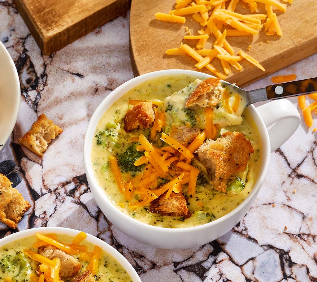 Broccoli-Cheddar Soup with Garlic Croutons